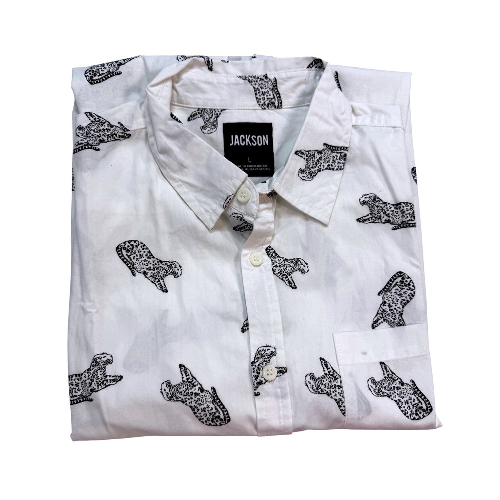 Jackson Poplin Shirt Mens Large White New Leopard Print Short Sleeve Button Down